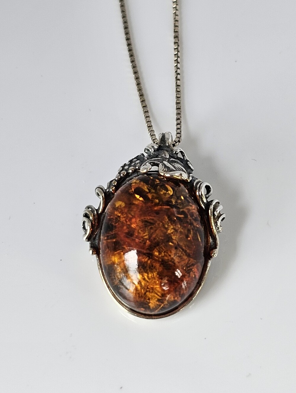 Vintage Polish Valerio Baltic Amber Pendant & Sterling Silver Box Chain 18" - Picture 4 of 12